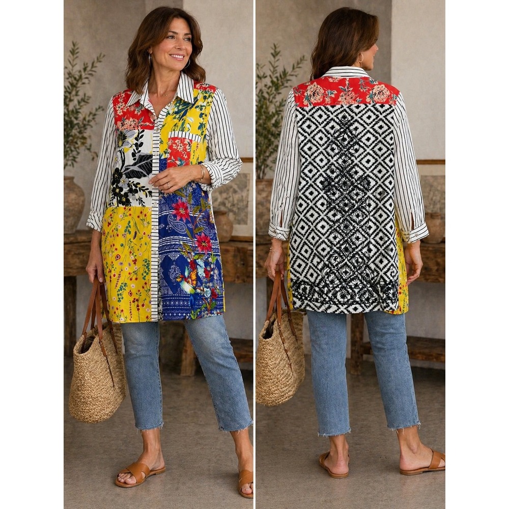 John Mark Women Boho Tunic Patchwork Mixed Media Floral Geometric Shirt Small